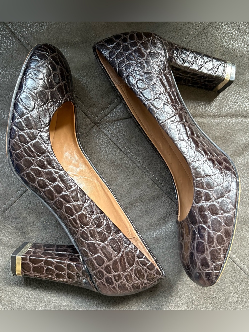 Talbots Brown Leather Crocodile Embossed High Heel Pumps Shoes Office Chunky 7.5